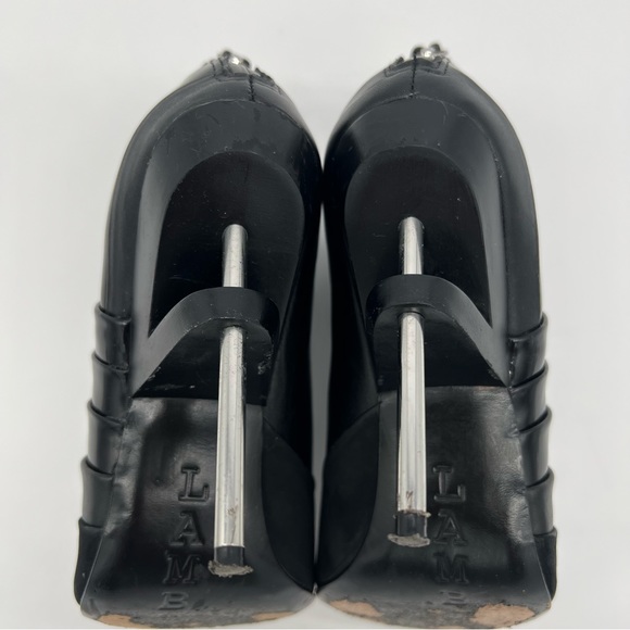 L.A.M.B. Black Leather Peep Toe Ankle Booties Silver Stiletto Heel Zip 6.5 - Picture 11 of 13